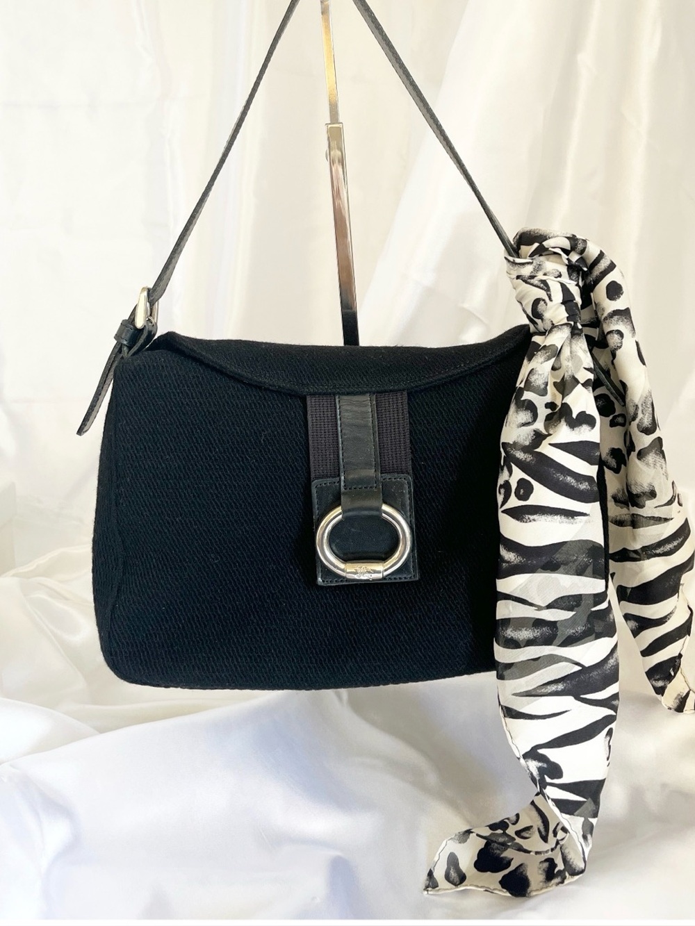 BURBERRY Blue Label Shoulder Satchel Bag Black Canvas Fabric
